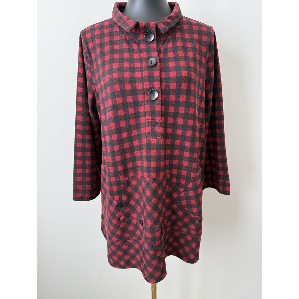 John Mark Red Black Buffalo Plaid Tunic Women's L Super Soft EUC Comfort Casual